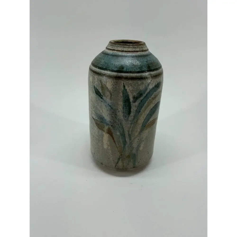 Vintage Studio Pottery Vase Stoneware Floral Design Handmade Decor